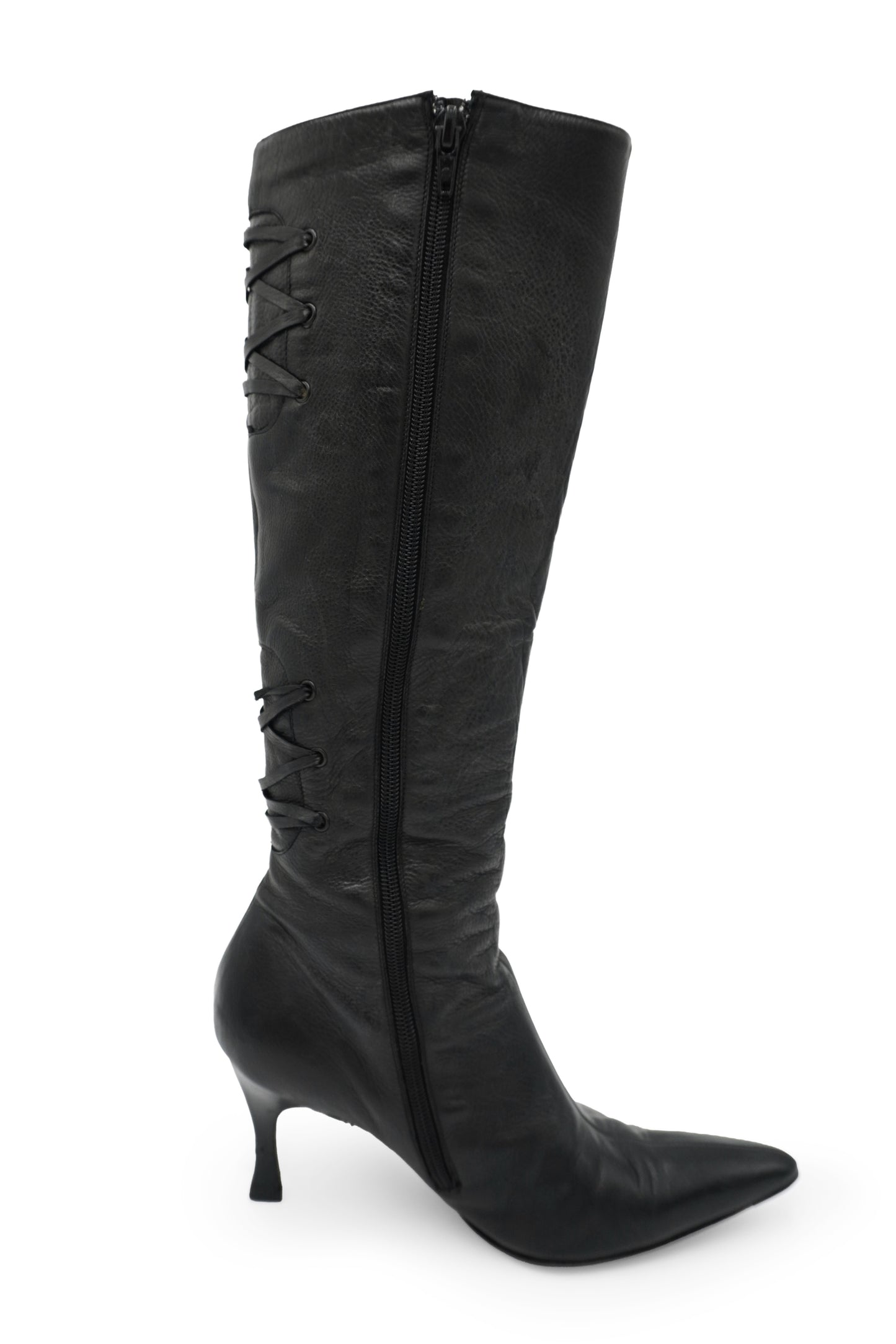 Manolo Blahnik Black Leather Lace-Detail Knee-High Boots