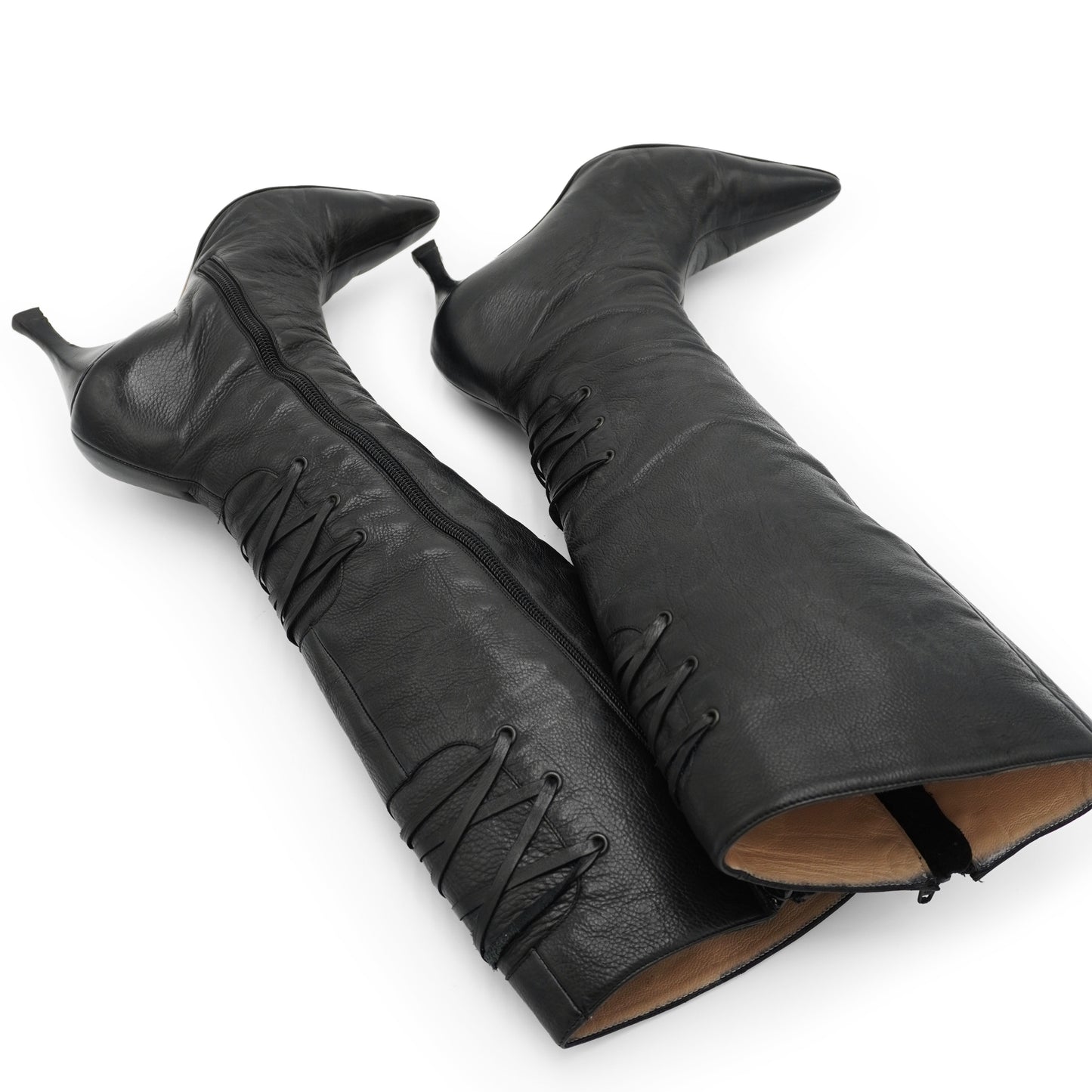 Manolo Blahnik Black Leather Lace-Detail Knee-High Boots