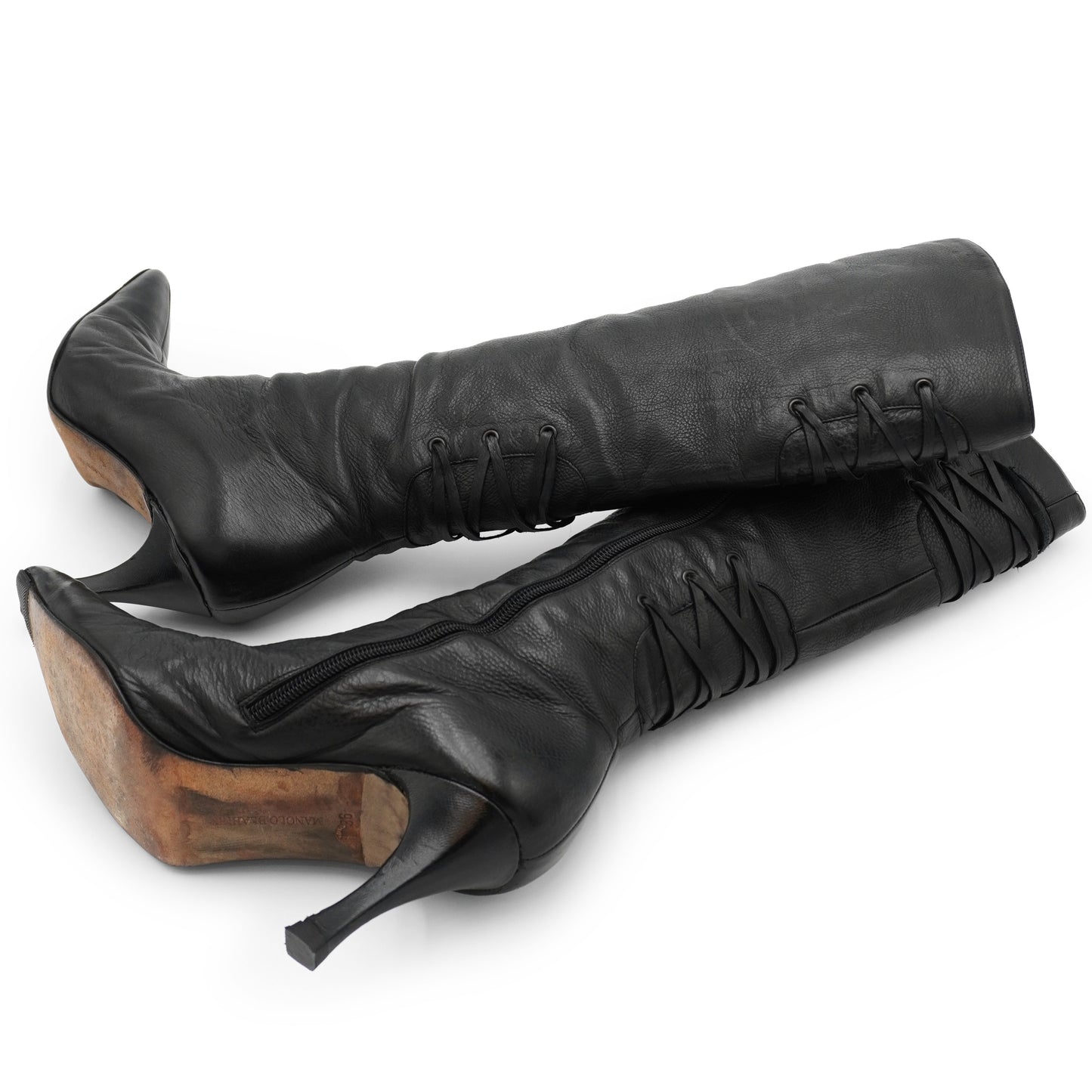 Manolo Blahnik Black Leather Lace-Detail Knee-High Boots