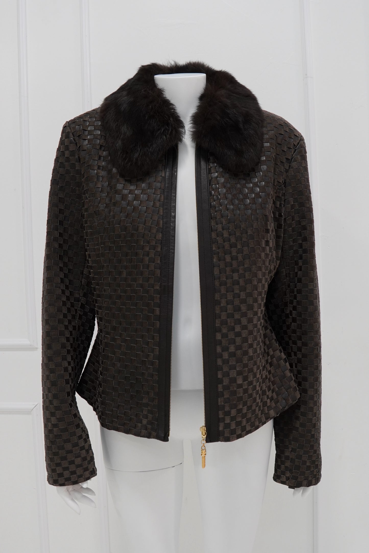 Intrecciato Leather Jacket with Contrast Collar
