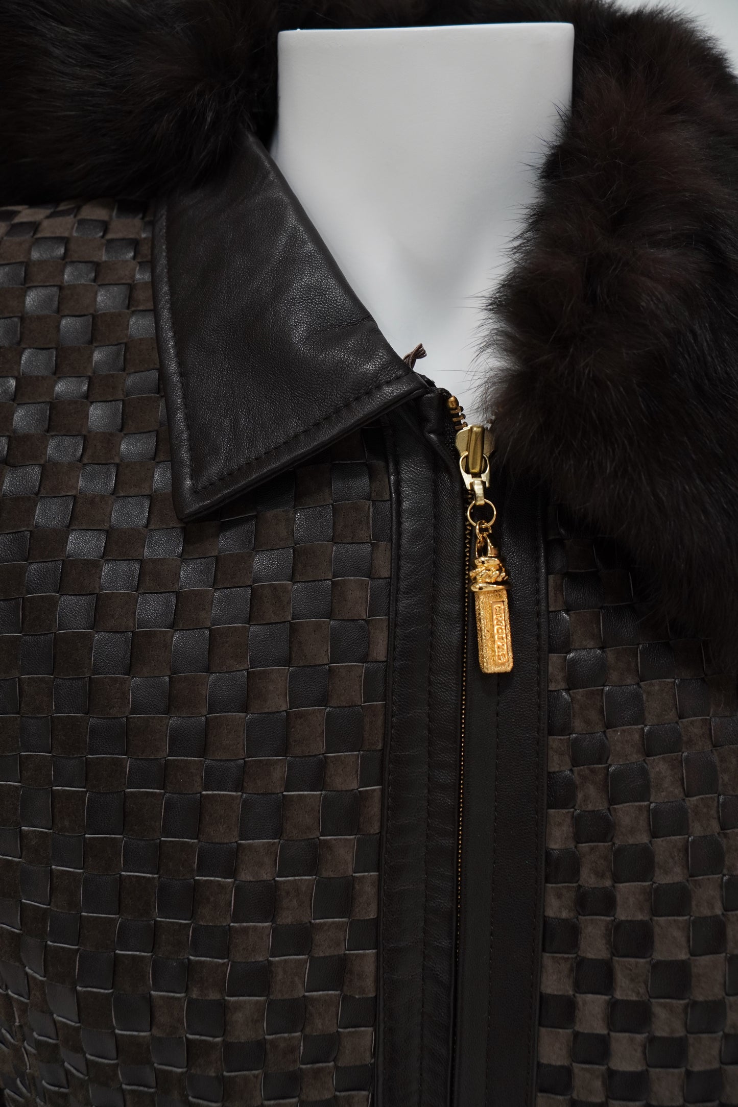 Intrecciato Leather Jacket with Contrast Collar