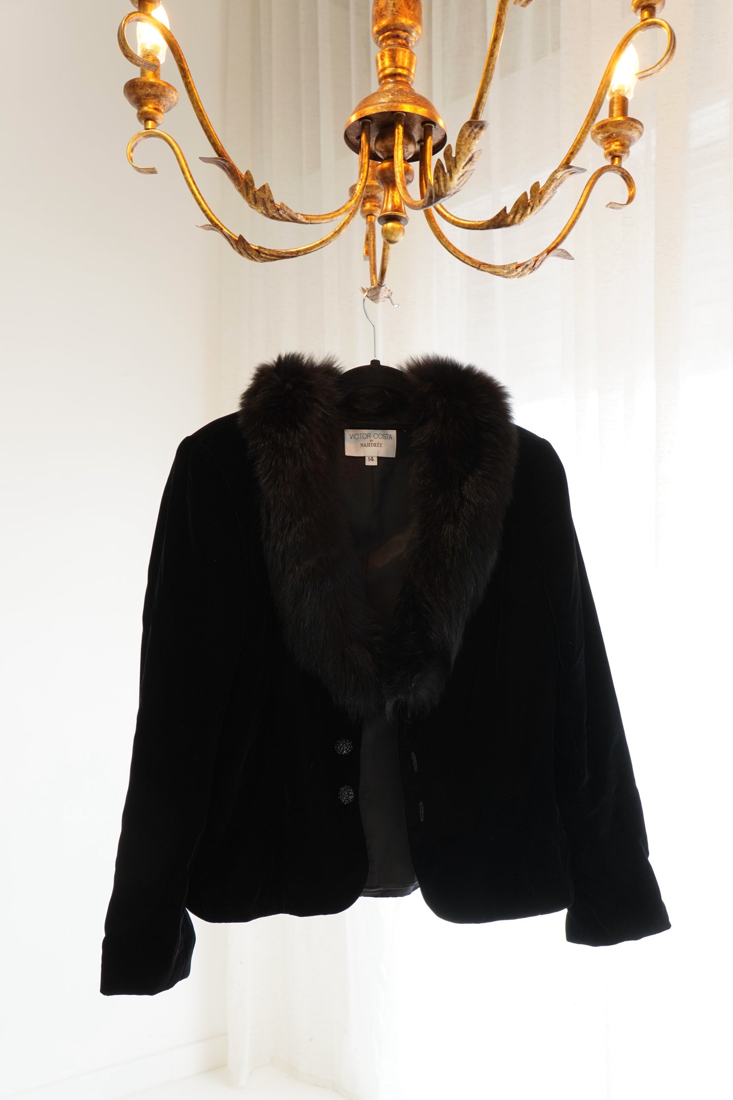 Victor Costa by Nahdreé Velvet Jacket with Faux Fur Collar & Crystal Buttons