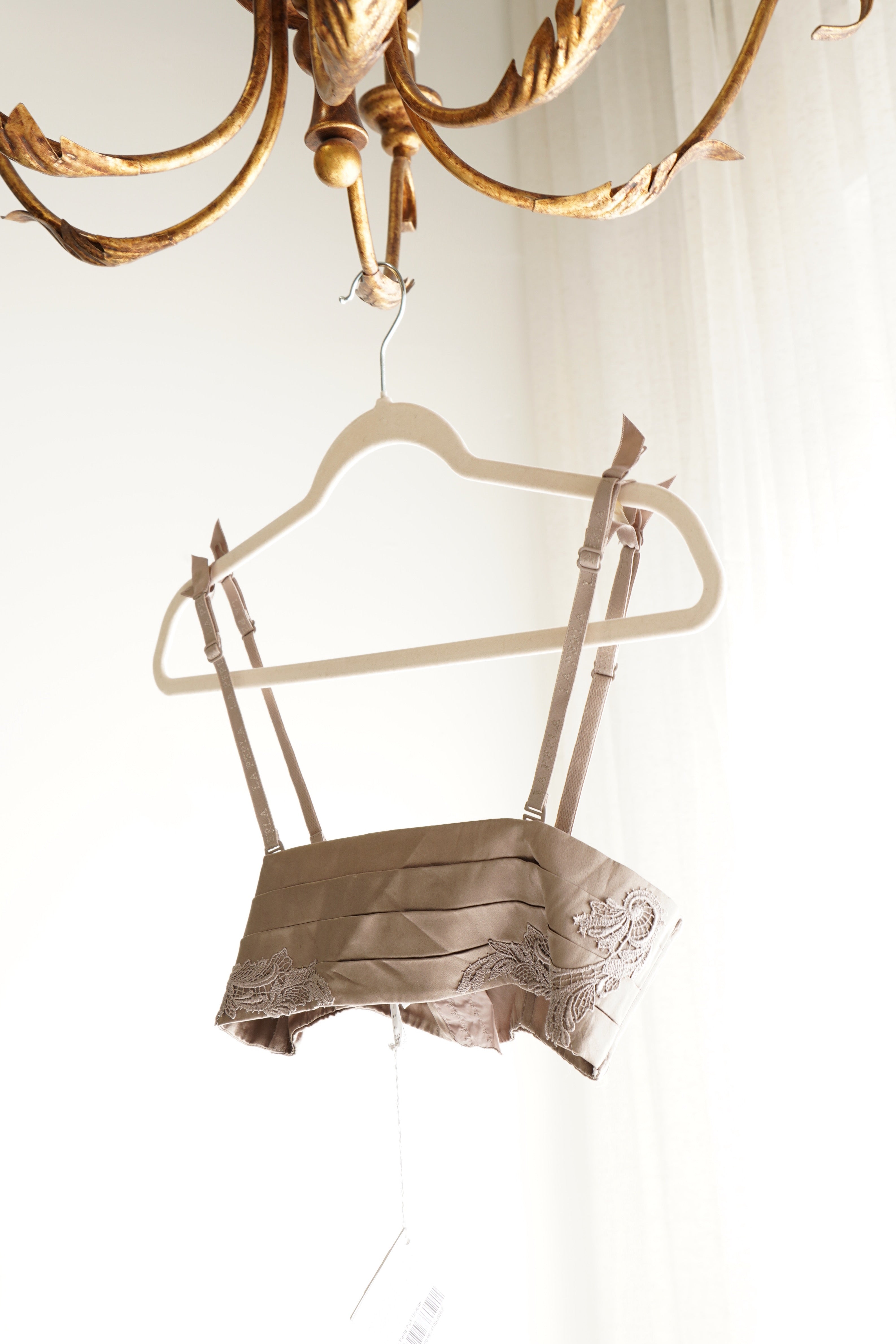 La Perla Silk Pleated Bandeau with Lace Appliqué, Size M