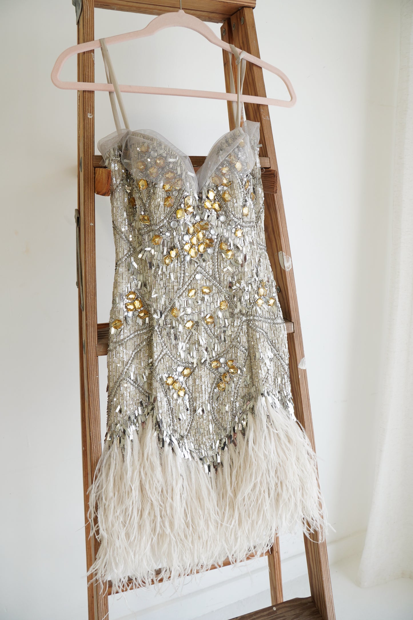 Jenny Packham Beaded Feather Trim Mini Dress, Size S