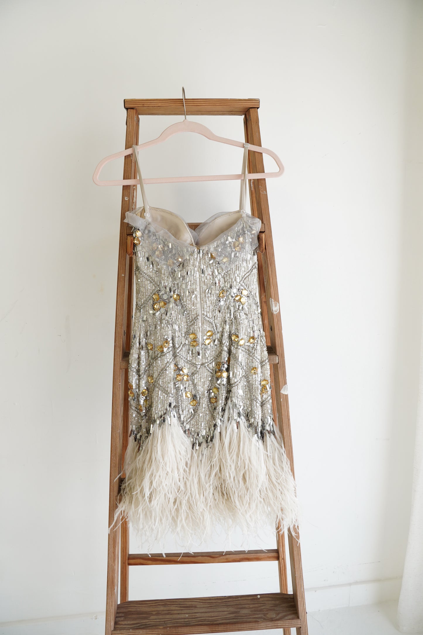 Jenny Packham Beaded Feather Trim Mini Dress, Size S