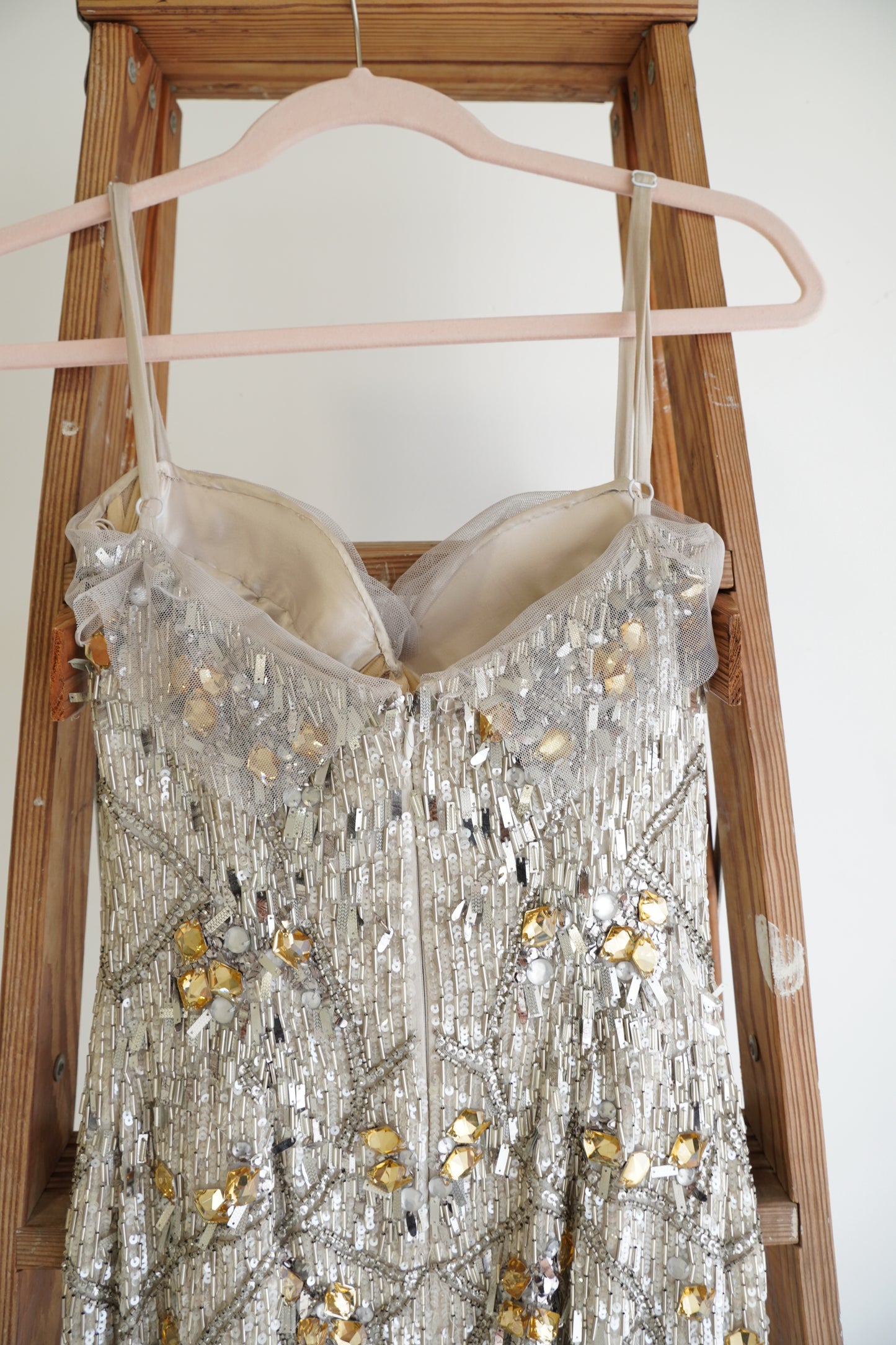 Jenny Packham Beaded Feather Trim Mini Dress, Size S