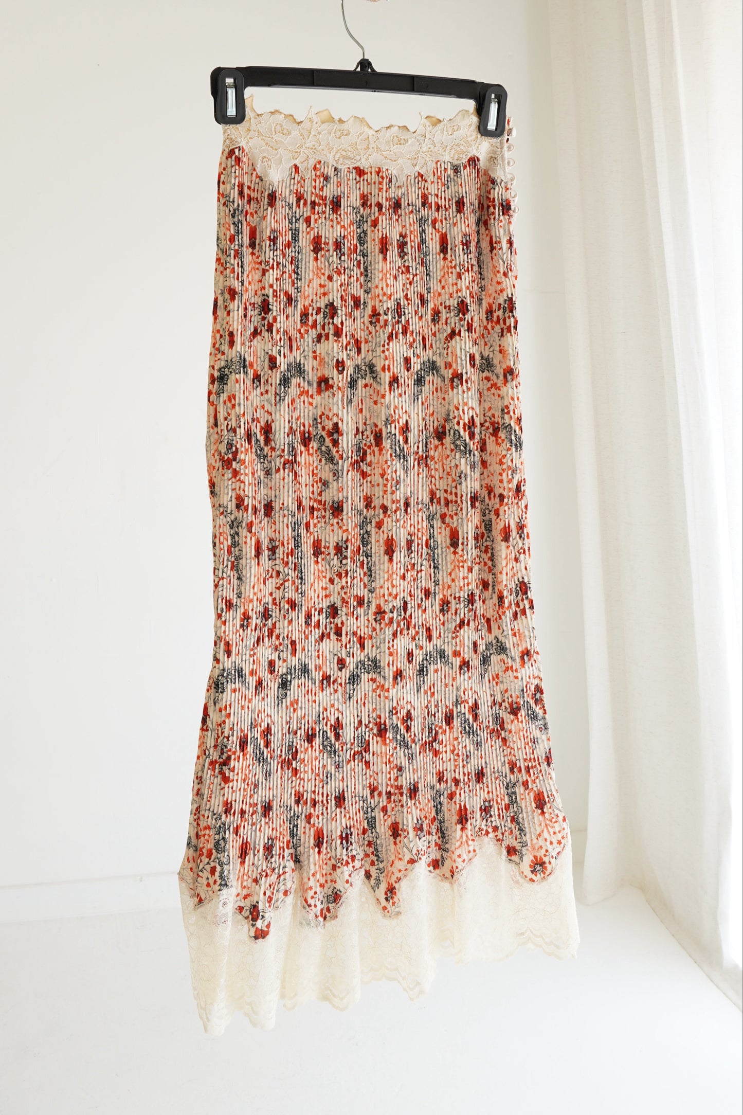 Rabanne Floral Print Midi Lace Hem Skirt, Size XS