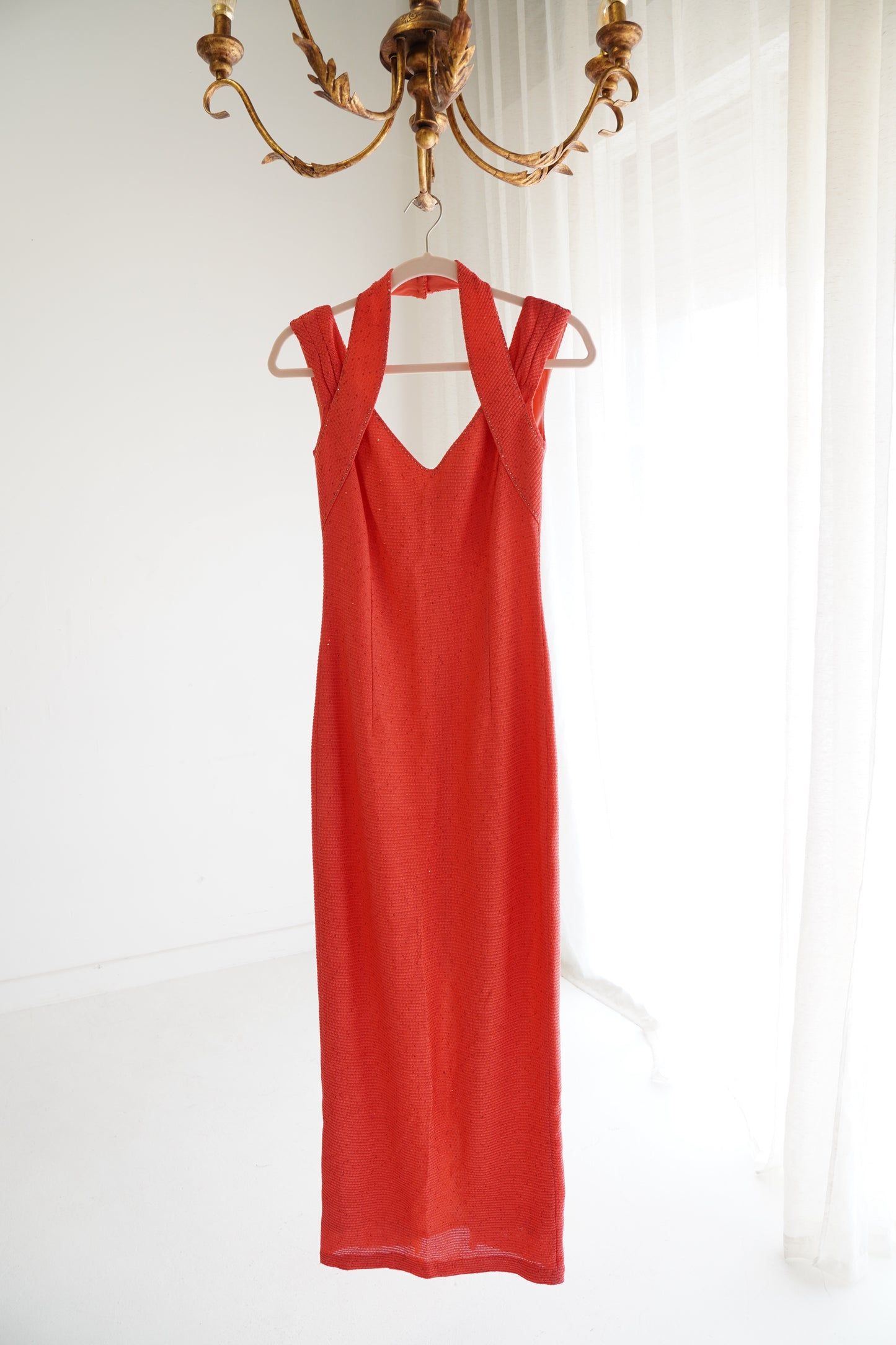 St. John Red Embellished Knit Evening Gown, Size XS