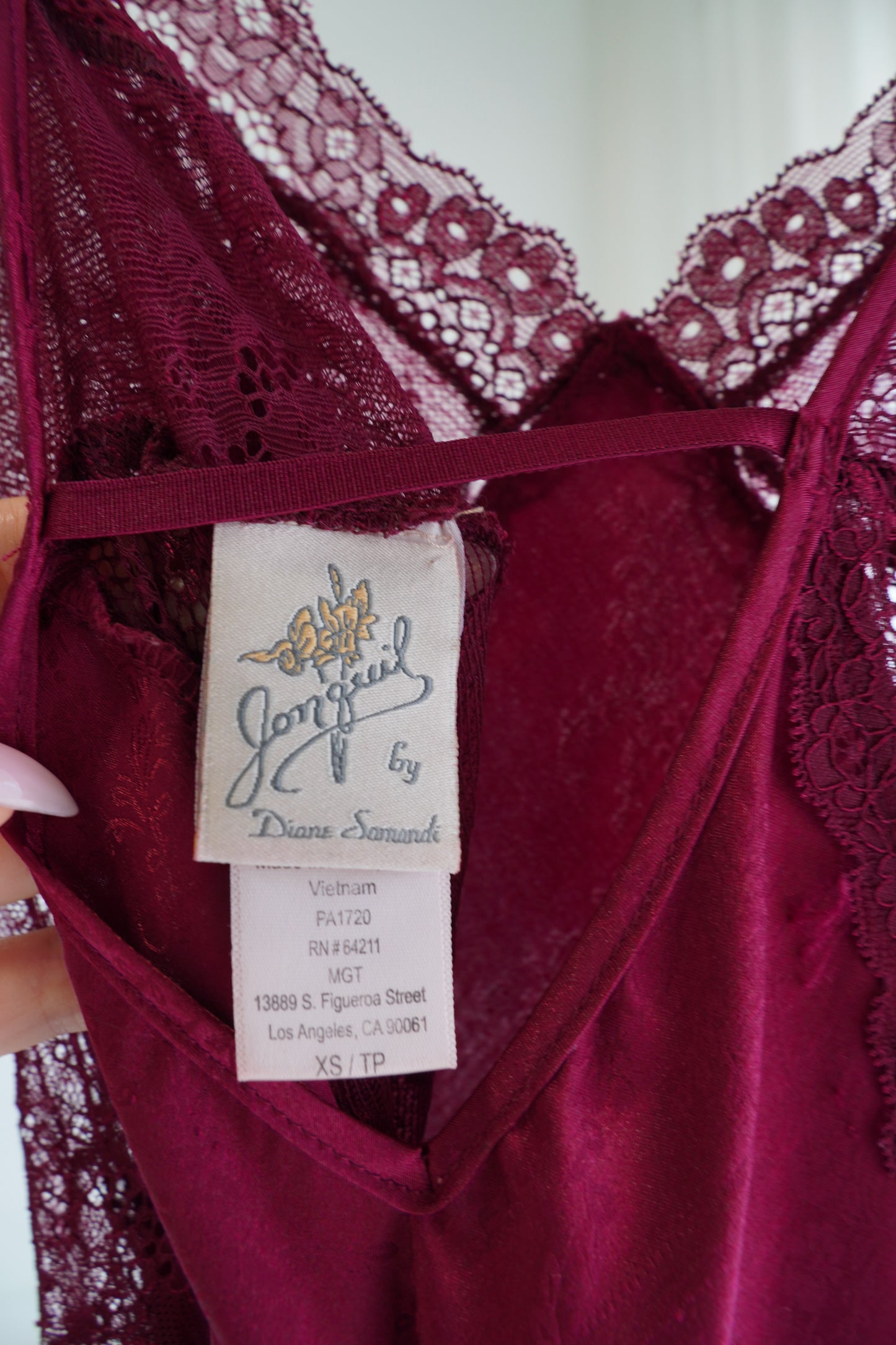 Jonquil by Diane Samandi Burgundy Slip Dress with Lace, Size XS
