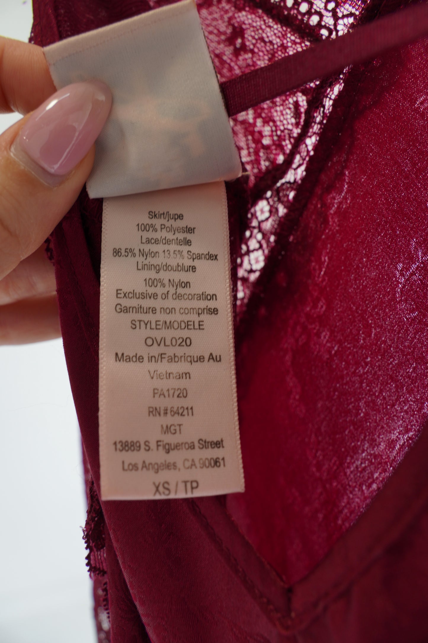 Jonquil by Diane Samandi Burgundy Slip Dress with Lace, Size XS