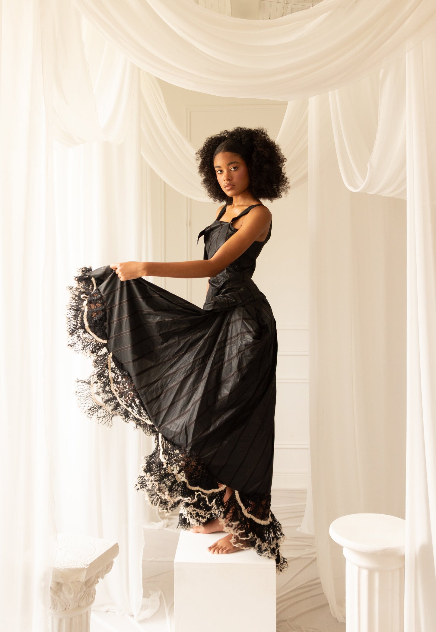 Crochet-Trimmed Striped Long Dress