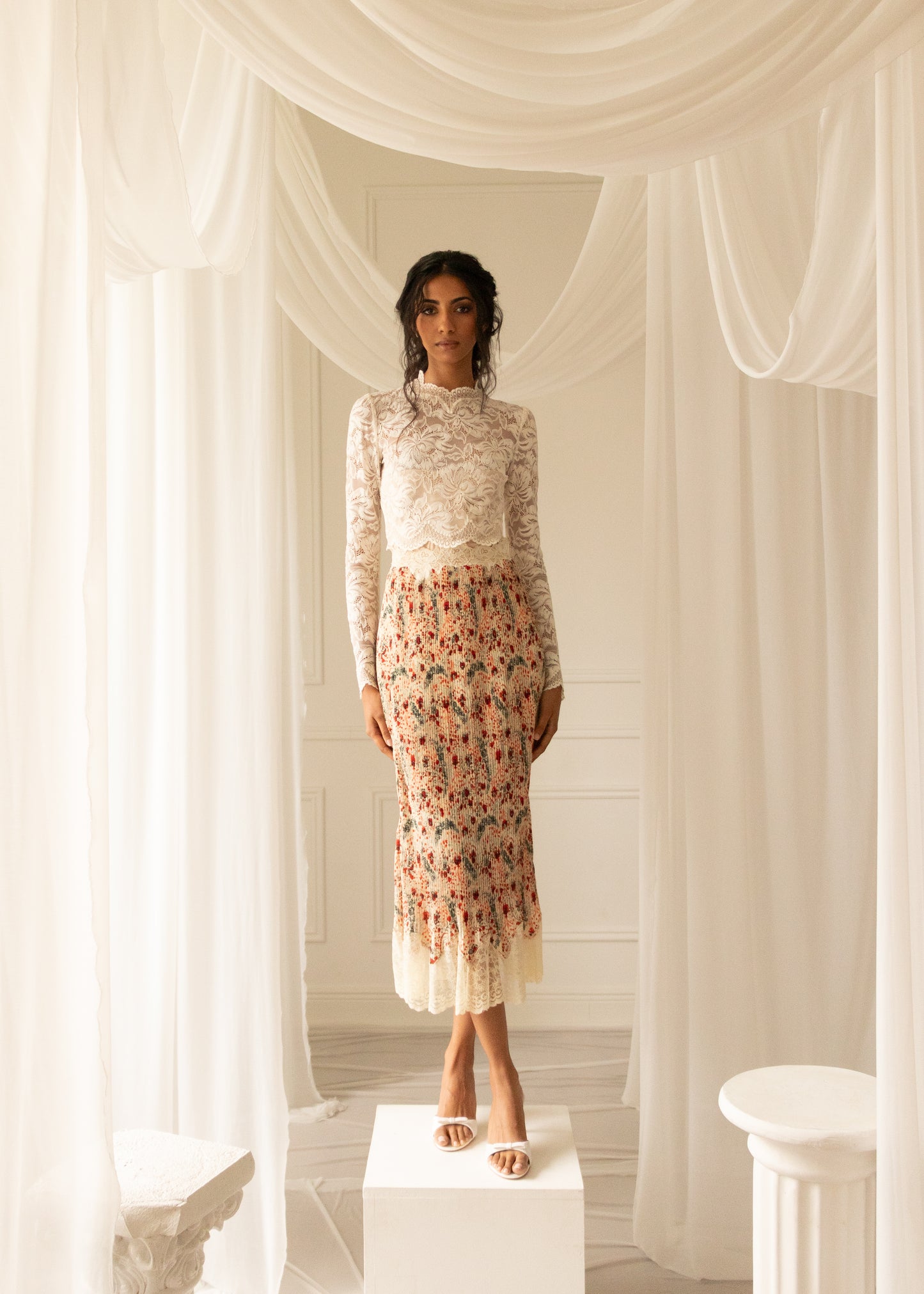 Rabanne Floral Print Midi Lace Hem Skirt, Size XS