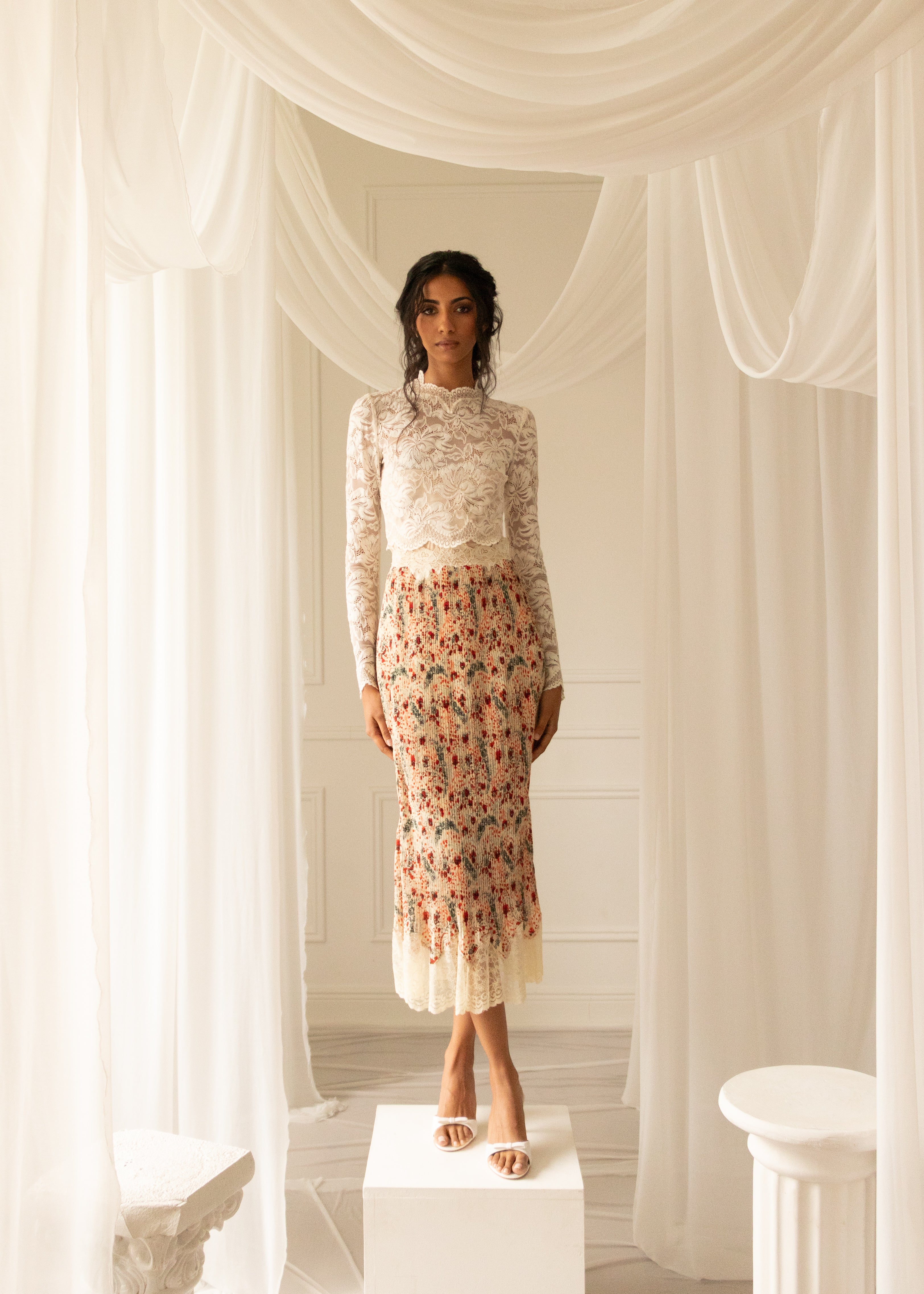Rabanne Floral Print Midi Lace Hem Skirt, Size XS
