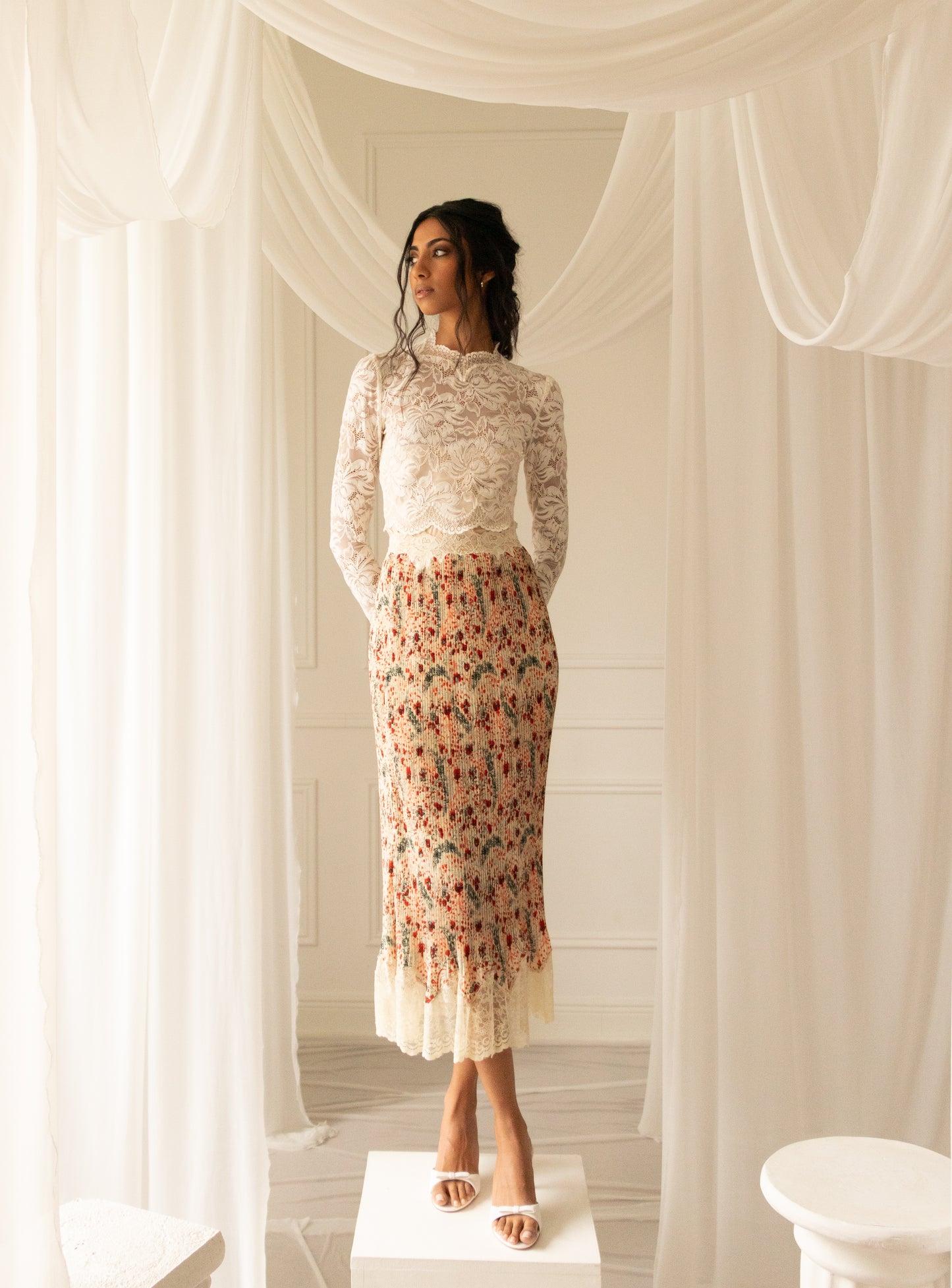 Rabanne Floral Print Midi Lace Hem Skirt, Size XS