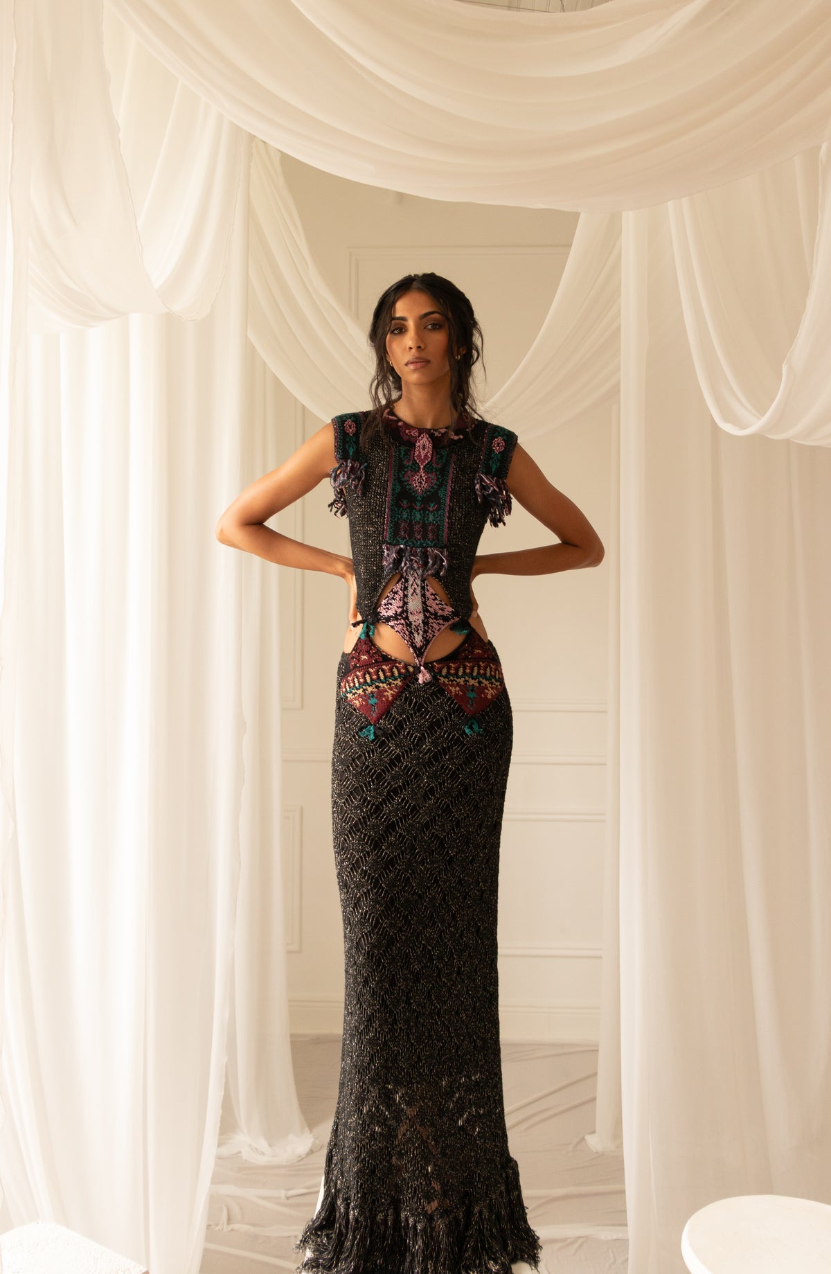 Etro Intarsia-Knit Metallic Cut Out Fringe Maxi Dress