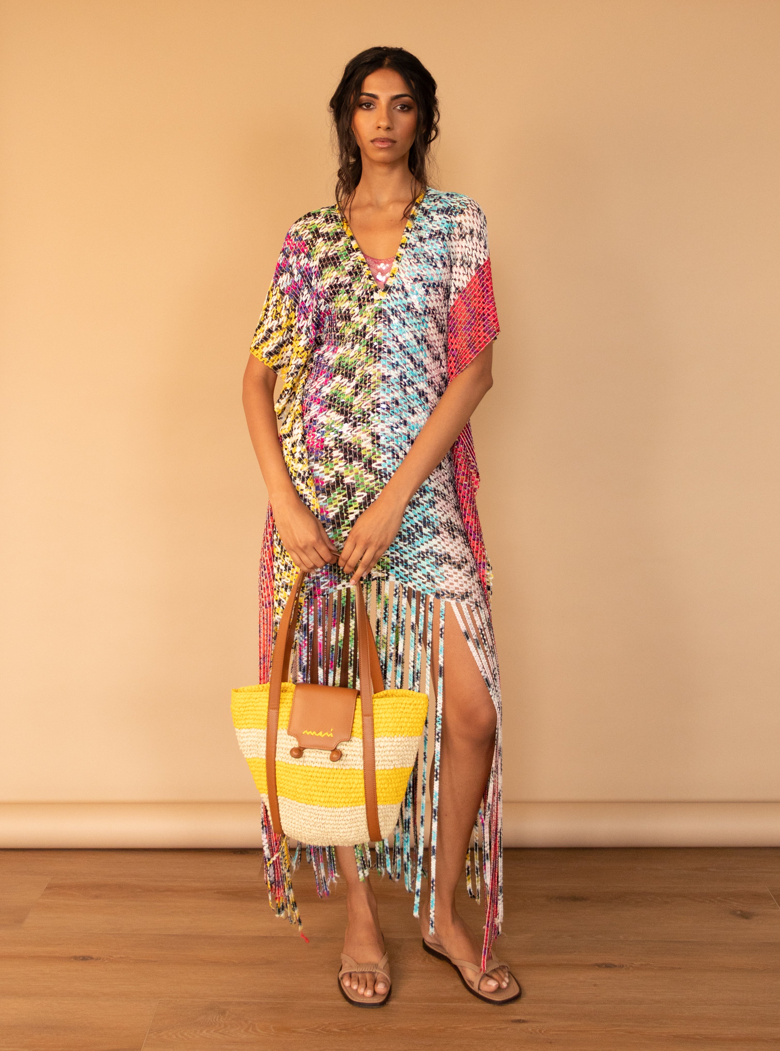 Marni Small Yellow Stripe Raffia-Effect Trunkaroo Beach Bag