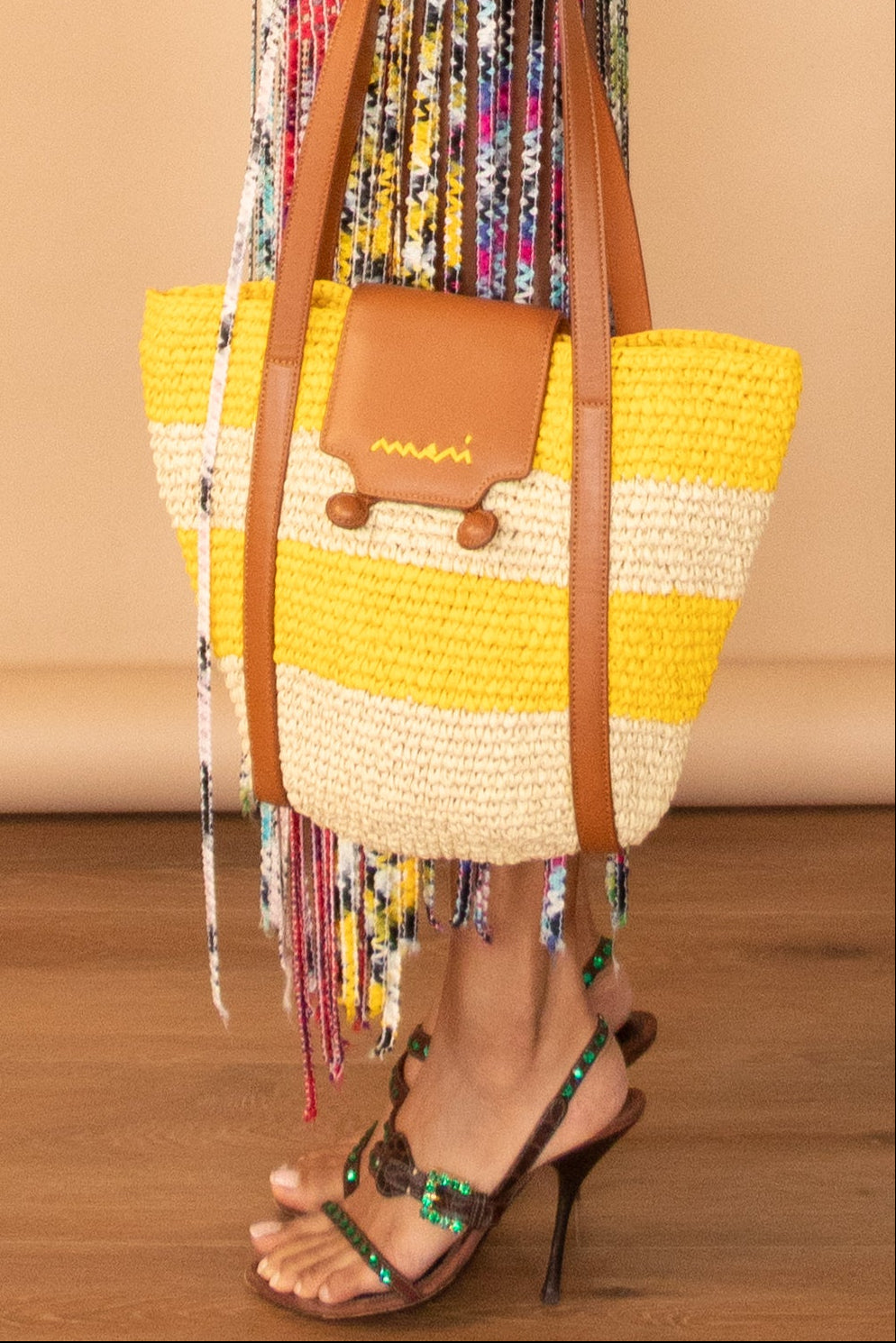 Marni Small Yellow Stripe Raffia-Effect Trunkaroo Beach Bag