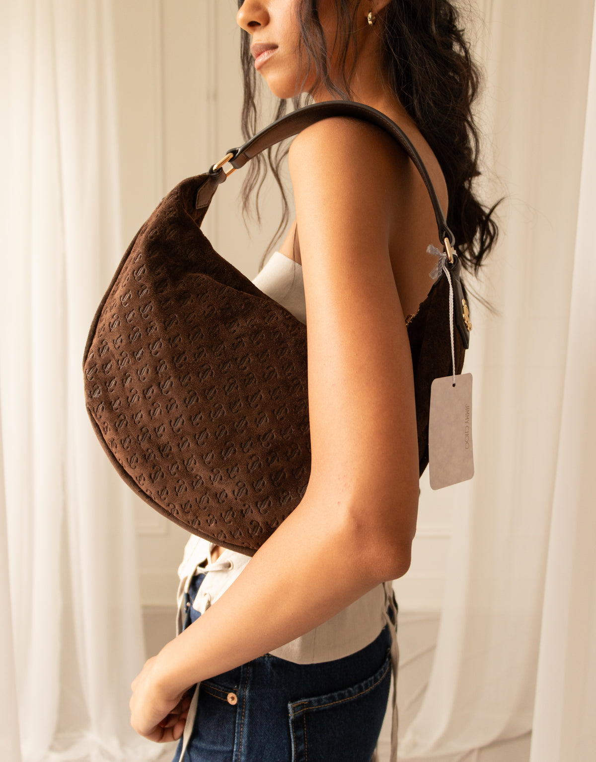 Jimmy Choo Suede Chocolate Monogram Hobo Bag
