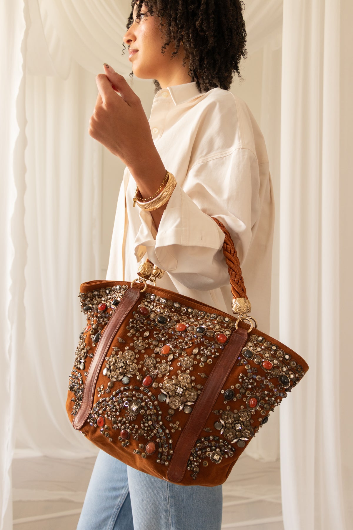Oscar de la Renta Embellished Suede Top Handle Bag
