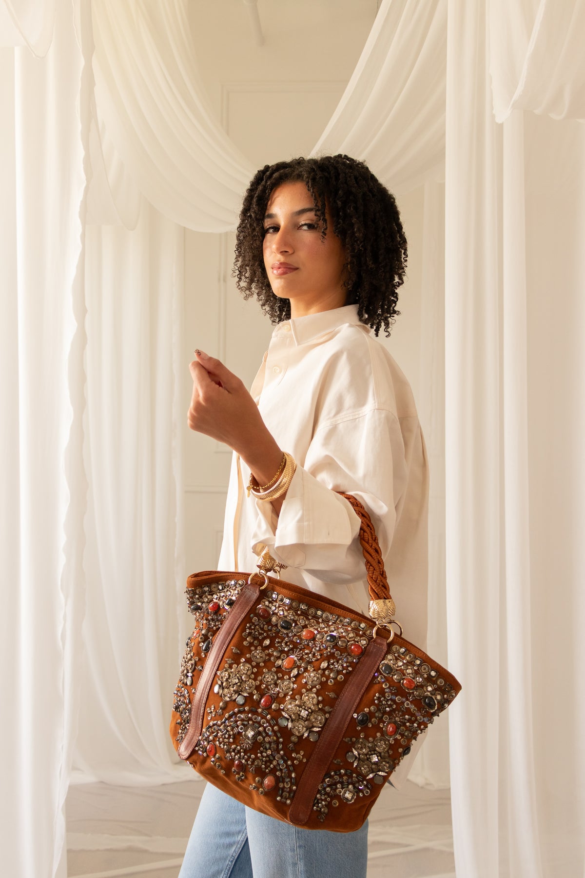 Oscar de la Renta Embellished Suede Top Handle Bag