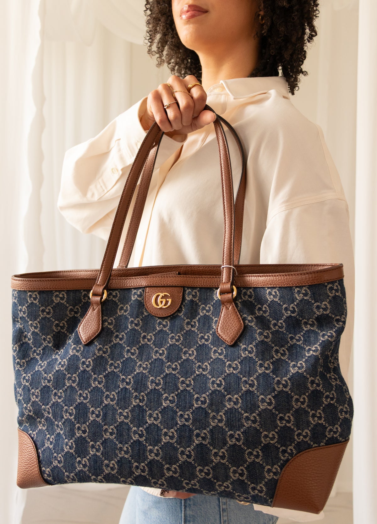 Gucci Medium GG Denim Ophidia Tote Bag