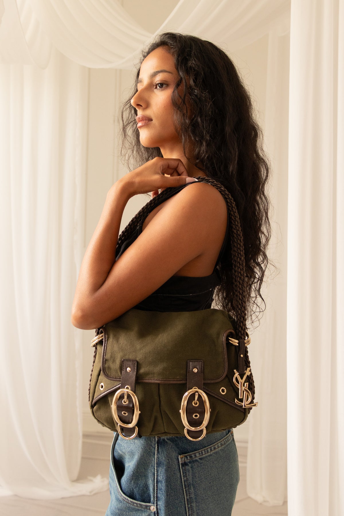 Vintage Yves Saint Laurent Rive Gauche Canvas Shoulder Bag