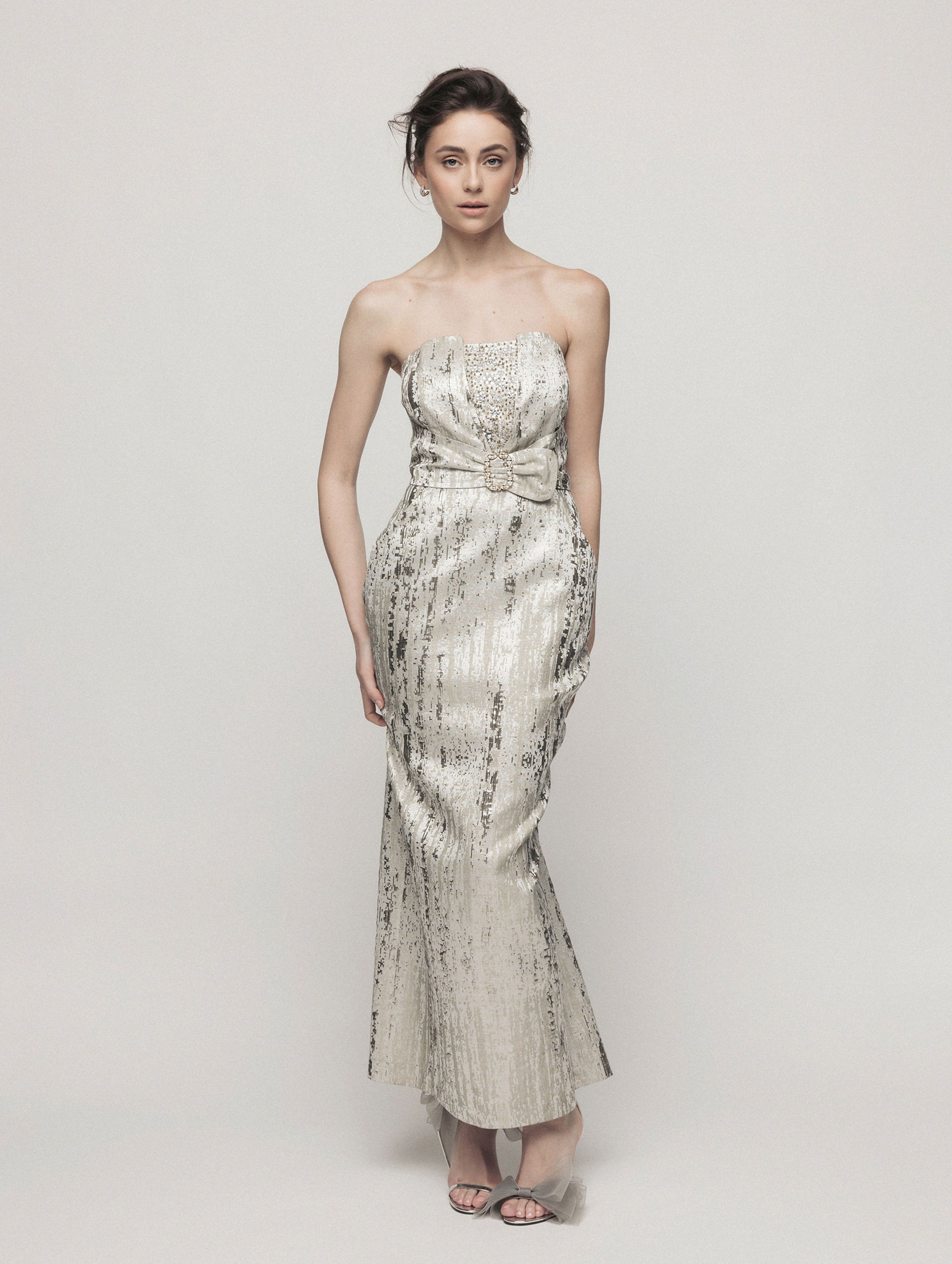 Strapless Metallic Evening Gown